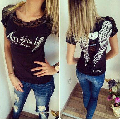 Lace Angel Wing Printed T-shirts For Women