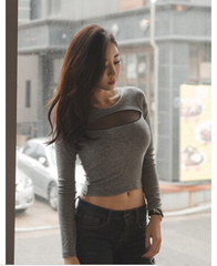 Sexy Tight Short Design Gauze Navel T-shirt Long-sleeve