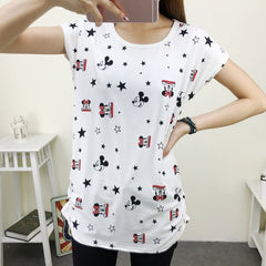 Female T shirts Carton Letter Print Top O-neck