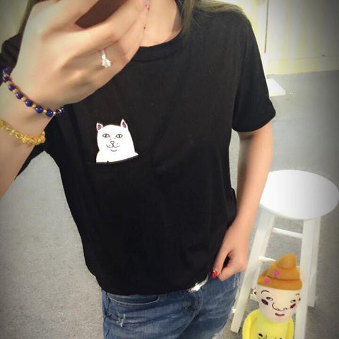 Cat Print Pockets Short Sleeve Cotton T-shirts Women