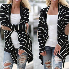 Striped Elbow Patching PU Leather Long Sleeve Knitted Cardigan