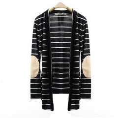 Striped Elbow Patching PU Leather Long Sleeve Knitted Cardigan