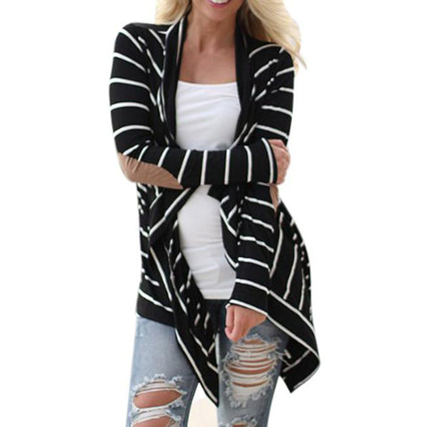 Striped Elbow Patching PU Leather Long Sleeve Knitted Cardigan