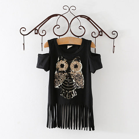 Sequins Owl Kids Girls T-Shirt Short Sleeve