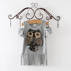 Sequins Owl Kids Girls T-Shirt Short Sleeve