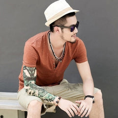 Casual Short Sleeve V-neck Cotton Men T-shirt