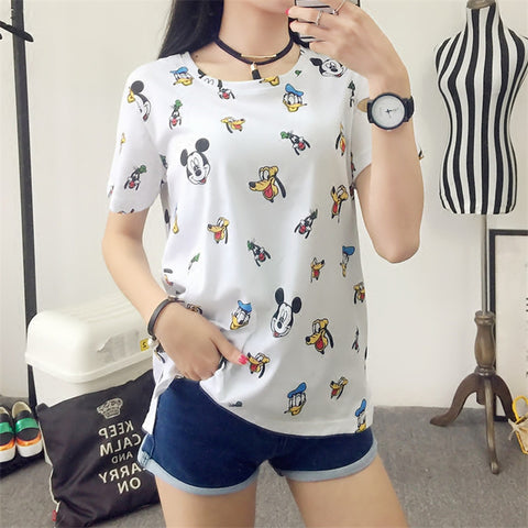 Female T shirts Carton Letter Print Top O-neck